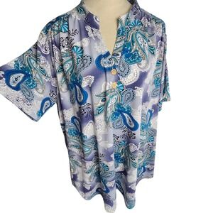 LARACE Womens Plus 4X V-Neck SS Tunic Top Blouse Blue Paisley Soft Stretch Boho